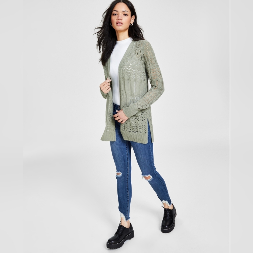 HIPPIE ROSE  Pointelle Open-Front Cardigan green olive Size S